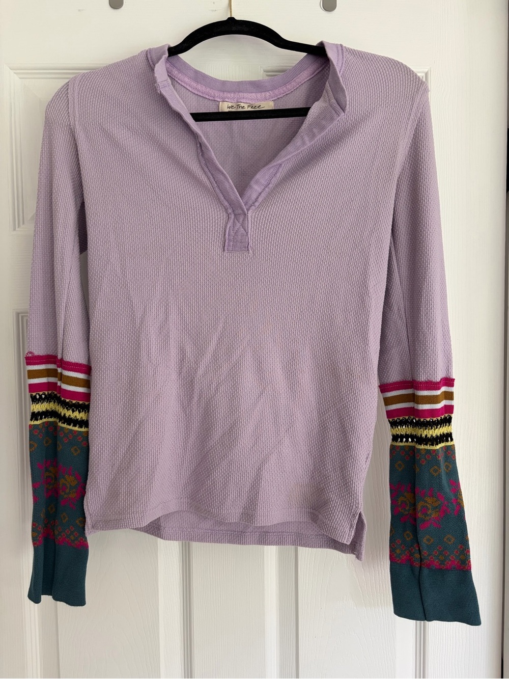 We The Free Lavender Long Sleeve Thermal Tee with Patterned Cuffs